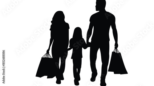 Family shopping together, happy parents and child with bags