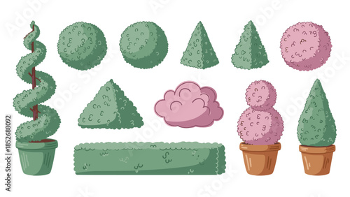 A whimsical collection of manicured topiary bushes and trees in various shapes, like spheres, cones, and spirals. This formal garden set is perfect for elegant landscape design projects.