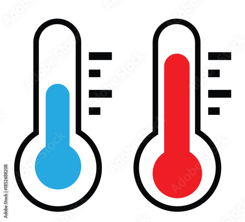 This vector illustration of a red glass thermometer icon measures hot and cold temperature degrees in Celsius and Fahrenheit for medical, weather, or fundraiser donation goal tracking
