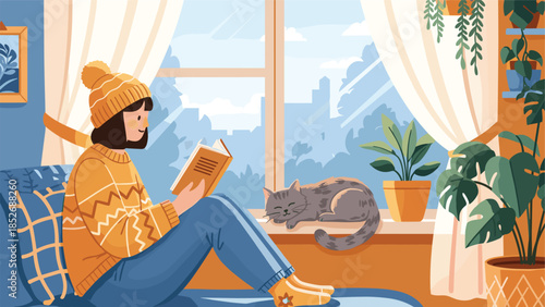 A cozy winter scene of a young woman in a warm sweater reading a book on a sofa by the window. Her gray cat is sleeping peacefully on the windowsill next to some houseplants.