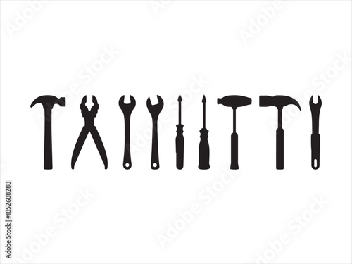 Construction and Hand Tools Silhouette Icon Set , Collection of hand tools and power tools in a simple, Vector Black Toolbox Collection