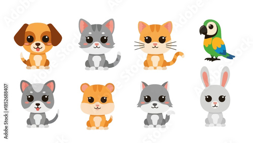 Collection of Adorable Cartoon Pets and Wild Animals Illustration Set on White Background