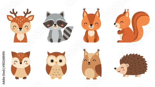 Adorable Cartoon Woodland Animal Characters Set: Deer, Raccoon, Squirrels, Owls, Hedgehog Smiling