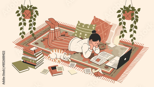A female student studies from home, lying on a cozy rug with her laptop, books, and a cat, surrounded by hanging plants.