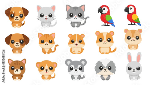 Collection of Adorable Cartoon Pet Animals Posing on White Background Vector Illustration