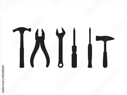 Construction and Hand Tools Silhouette Icon Set , Collection of hand tools and power tools in a simple, Vector Black Toolbox Collection