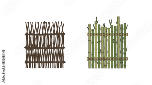 Three different types of natural fences made from branches and cattails illustration