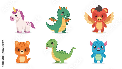 Charming Set of Cartoon Fantasy Animals and Friendly Monsters Illustrations