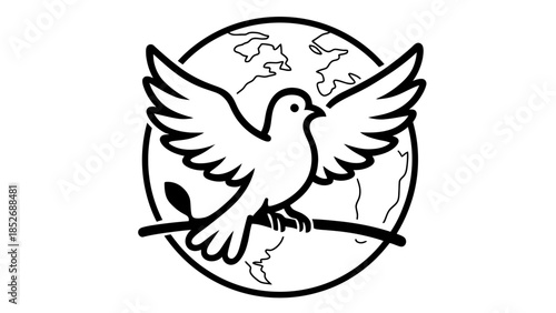 Peaceful dove on branch with globe, symbolizing harmony and freedom worldwide always