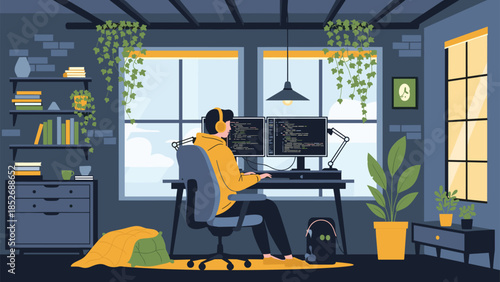 A male programmer or developer with headphones is coding on a dual monitor setup at his desk in a modern, plant-filled home office.
