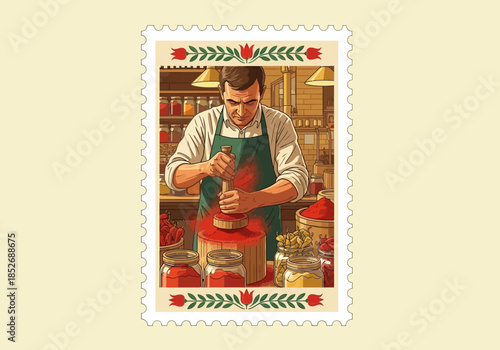 Man grinding red substance with pestle in store depicted on a stamp design
