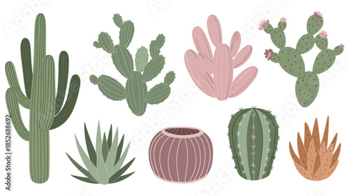 A wonderful collection of various desert cacti and succulent plants, including saguaro, prickly pear, and agave. This botanical vector set is perfect for creating arid landscape scenes.