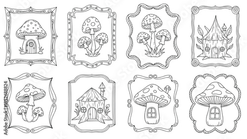 Whimsical collection of hand-drawn mushroom fairy houses and fantasy fungi, each illustration enclosed within a unique and ornate decorative vintage frame.
