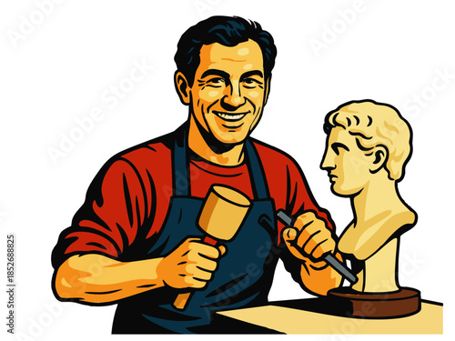 smiling male sculptor chiseling a classical-style male bust, wearing an apron and headband. Generative ai vector colorful pop art illustration.