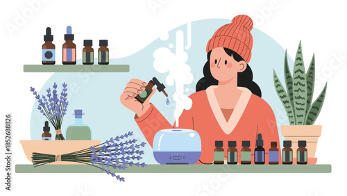 A woman adds a drop of lavender essential oil to an aromatherapy diffuser to create a relaxing and calming atmosphere in her home.