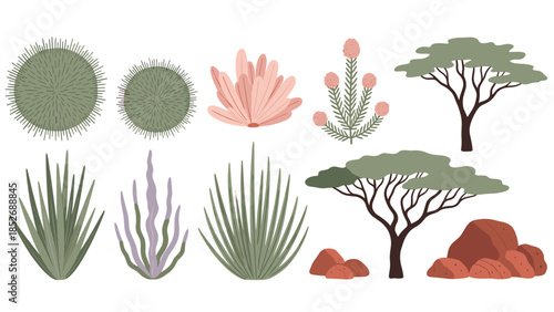 A gorgeous collection of African savanna plants and trees, including iconic acacia trees, bushes, and various grasses. This nature set is perfect for creating safari and wildlife scenes.