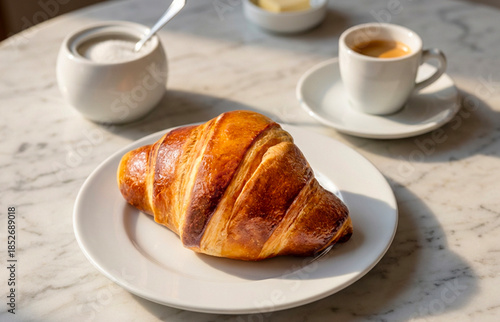 Italian cornetto on white ceramic plate with espresso coffee and sugar on marble table. Traditional Italian breakfast scene with natural light, classic pastry and café atmosphere