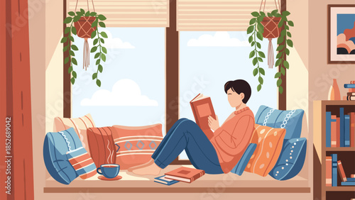 A young man is curled up comfortably with pillows on a cozy window seat, engrossed in a book with a cup of tea on a sunny afternoon.