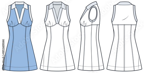 Blue Polo Dress technical fashion illustration. Jersey mini Dress fashion flat technical drawing template, v neck, fitted, front, side and back view, white, blue, women CAD mockup set.