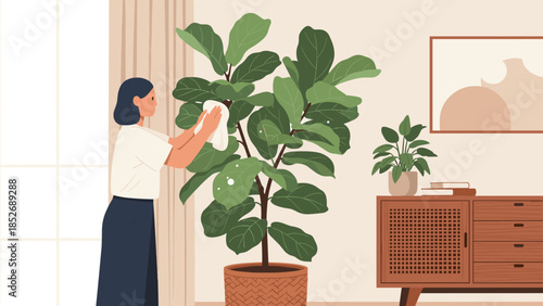 A woman gently cleaning the large, glossy leaves of a fiddle leaf fig tree, a popular houseplant in a stylish, modern living room interior.