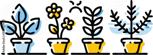 collection of potted plants in different states of growth and weather conditions on transparent background