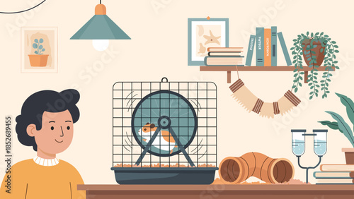 A young boy watching his pet hamster run on a wheel inside its cage in a cozy, well-decorated room. This charming illustration portrays the joy of having a small animal companion.