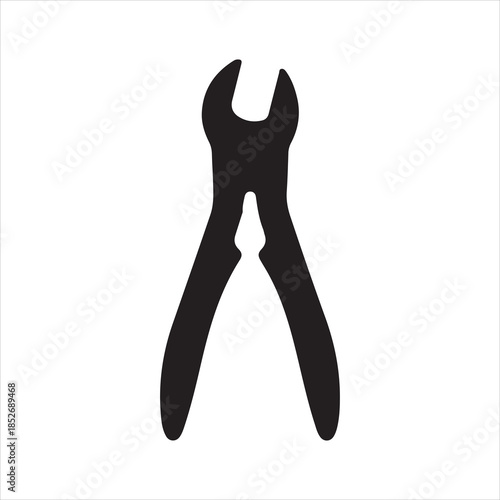 A black and white silhouette of a pliers, black, icon, illustration. Simple black silhouette icon of a pair of end cutting pliers tool isolated vector illustration