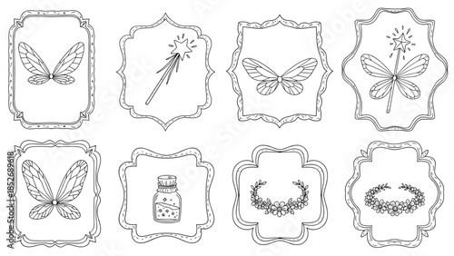 Magical hand-drawn collection of fairy accessories including wings, a magic wand, a bottle of pixie dust, and a flower crown in decorative frames.