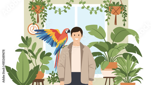 Smiling young man with a large colorful macaw parrot on his shoulder, standing in a cozy room full of houseplants. This vector illustration depicts a happy pet owner in an urban jungle.