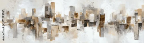 Panel kuchenny z motywem Abstract painting with rectangular shapes in a muted palette, suggestive of buildings against a white background