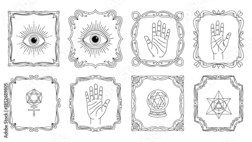 Mystical and esoteric icon collection in a hand-drawn style, featuring an all-seeing eye, palmistry hands, and occult symbols in ornate frames.