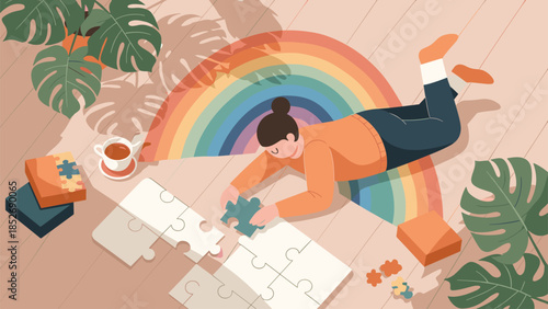 A woman lies on a sunlit wooden floor, happily completing a jigsaw puzzle with a rainbow arching over her in a cozy, plant-filled room.