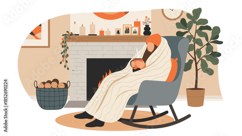 A person wrapped in a warm blanket and beanie enjoys a hot drink while relaxing in a rocking chair by a cozy fireplace in winter.