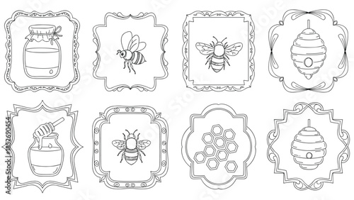 Hand-drawn collection about beekeeping, featuring honey jars, bees, a beehive, and a honeycomb, all presented inside various decorative vintage frames.