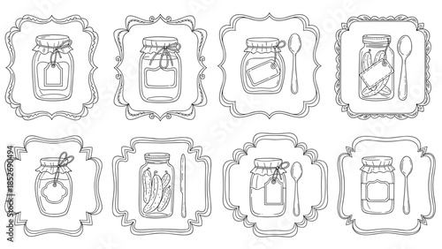 Set of vintage hand-drawn illustrations of homemade preserves in glass jars with spoons and labels, each placed within a unique decorative frame.