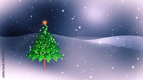 Solitary Christmas tree with twinkle lights in snow storm landscape