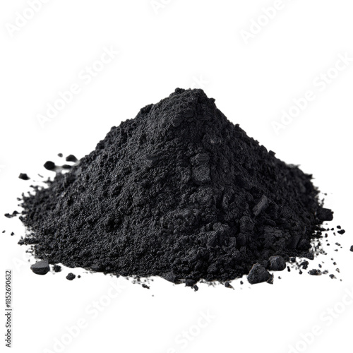 A pile of dark, fine-grained powder, with a slightly irregular conical shape, on a black background