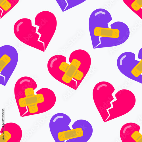 Cute seamless pattern of broken hearts with band-aids. Vector flat design anti-valentine background for heartbreak themes, healing love concepts, and teenage stationery.