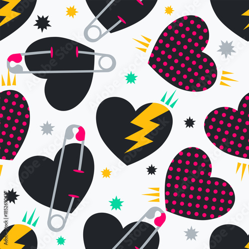 Edgy seamless pattern of black hearts with lightning bolts. Cool vector flat design anti-valentine background for teenage fashion, punk rock themes, and rebellious wrapping paper.
