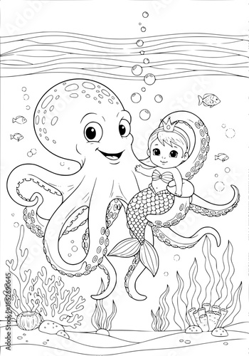An octopus is babysitting a baby mermaid. coloring book
