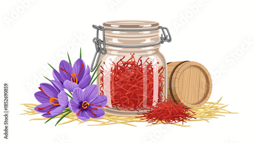 A jar of precious red saffron threads and vibrant purple crocus flowers, presented with a small wooden barrel on a bed of straw, emphasizing the spice's natural beauty and valuable essence