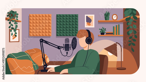 A young man with headphones speaks into a professional microphone, recording a podcast or streaming from his cozy home studio setup.