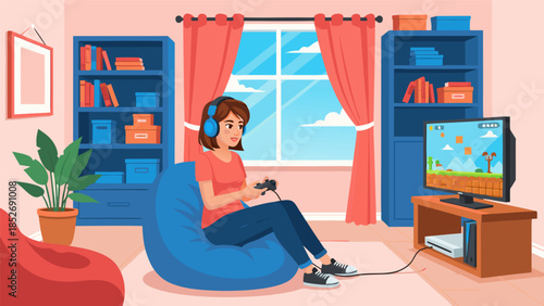 Young woman enjoying a video game in a cozy living room with beanbag chair, bookshelves, and a plant
