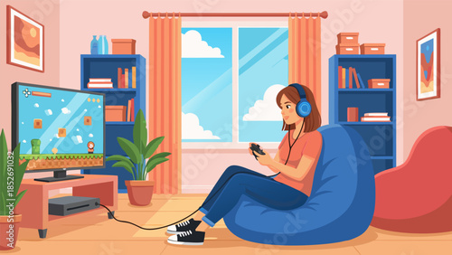 Relaxed young person enjoys playing video games on a console connected to a television in a cozy living room environment