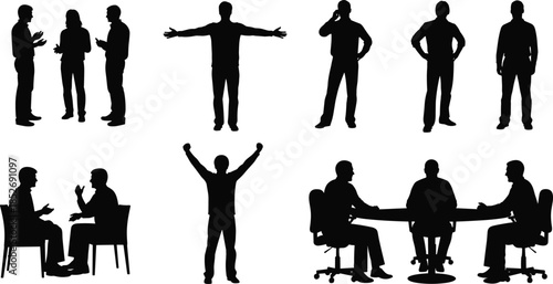 Business people silhouettes set showing communication teamwork discussion meeting and confident standing poses isolated on white background for corporate design