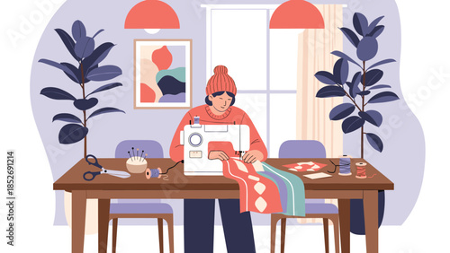 A woman wearing a beanie uses a sewing machine at a wooden table in a cozy room, engaged in the creative hobby of sewing and crafting.