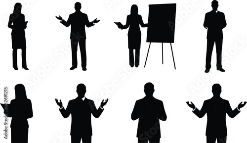 Business presenter silhouettes set featuring men and women giving presentations explaining ideas and holding documents isolated on white background