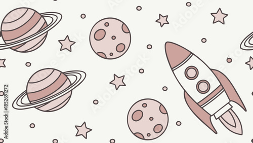 Cute cartoon rocket ship flying through space with planets and stars.