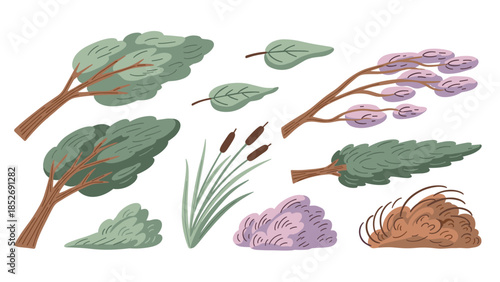 Collection of various trees, bushes, and reeds being blown by a strong wind, creating a dynamic weather scene. This stylized nature set is isolated on a white background for easy use.