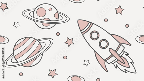 Cute rocket ship flying among planets and stars in outer space.